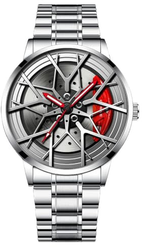 MIDYUID Herrklocka Bilbroms Skivor Design Bilhjul Fälgar Vattentät Stål 3D Mode Sport Armbandsur, Silver, armband