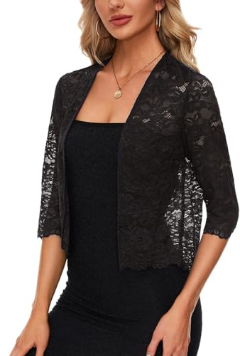 MINTLIMIT Open Front Cardigans Women Lace Bolero Jackets 3/4 Sleeve Shrugs Casual (Black XL)
