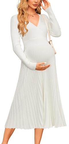 OUGES Maternity Jumper Dress for Women UK White Long Winter Dresses Pleated Elegant Sweater Casual Knit Dress-L