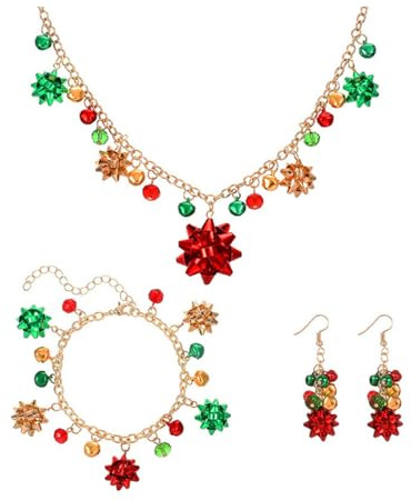Cloche De Noël Rouge Vert Ornement Longue Chaîne Nœud Fleur Plaqué Or Boucles d'Oreilles Pendantes Bracelets Colliers Pour Femmes Cadeaux De Fête Hypoallergéniques Pour Fille Bff Ensemble De Noël