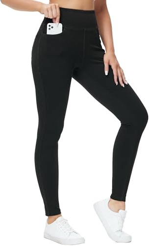 THE GYM PEOPLE Women's Stretchy High Waisted Skinny Jeans Ladies Tummy Control Jeggings Leggings with Pockets,Black,L