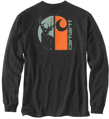 Carhartt Men's Loose Fit Heavyweight Long-Sleeve Pocket Deer Graphic T-Shirt, Carbon Heather, Large