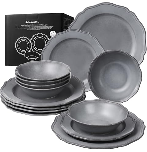 Navaris Scandi Style Porcelain Dinnerware Set - Ceramic Crockery Sets for 6 - Stackable Dishes with Dinner and Salad Plates Cereal Bowls - Dishwasher & Microwave Safe - 18pcs Grey