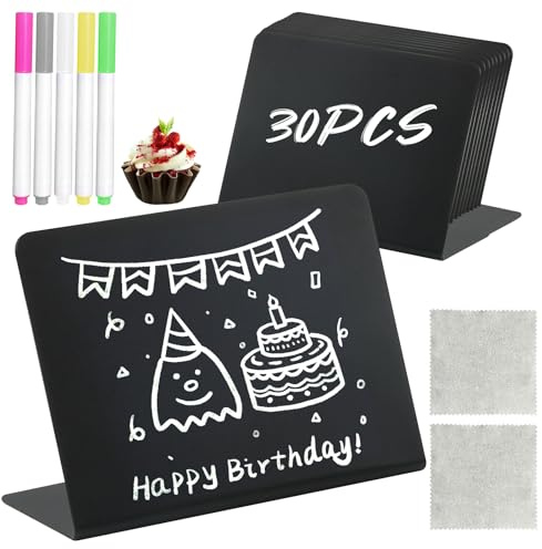 30 Pieces 10 x 7.5 cm Mini Chalkboard, L-Shaped Chalkboard with 5 x Pen and 2 x Cleaning Cloth, L Shape Price Tags, Table Number for Wedding Restaurant, Food Signs for Buffet Panett