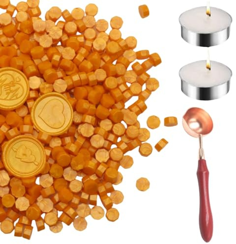 150 perlas de cera de octágono sellador, perlas de cera negra, con 2 velas de té y 1 cuchara de fusión de cera para manualidades, cartas de vino, tarjetas de felicitación, sellado (150, naranja