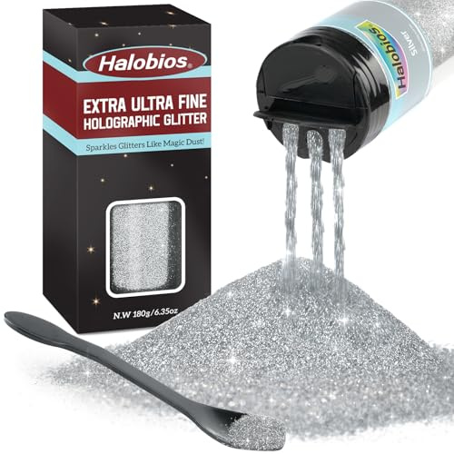 Halobios Extra Fine Glitters, Holographic Silver Glitter, 180g(6.35oz) Ultra Fine Glitters, 1/128 Resin Glitter Powder for Hair Body, Nails, Arts and DIY Crafts Decoration