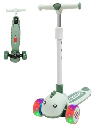 Habib Gruppe Monopattino per bambini – Monopattino a 3 ruote a LED, regolabile in altezza e pieghevole, design animali, ragazze e ragazzi (3-8 anni), verde