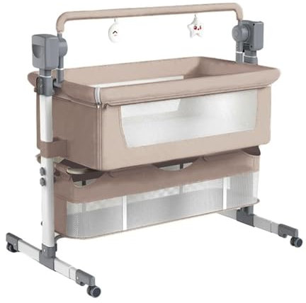 Dziranam Beistellbett Baby, Stubenwagen Baby mit Rollen, Atmungsaktives Netzgewebe, Sicheres und Stabiles Design, Babybett mit 5 Schaukelmodi(BEIGE)