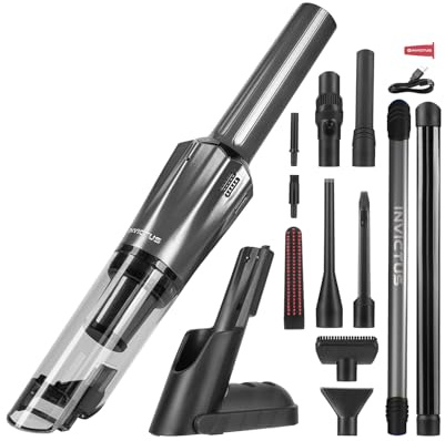 Genius Invictus ONE Prestige Deluxe Akku-Handstaubsauger Set 18 TLG, Auto Staubsauger, Saugleistung 12000 Pa, Ladestation, HEPA Filter, Kombi Düsen, Tierhaarbürste, Staubbehälter 70 ML. Farbe Grau