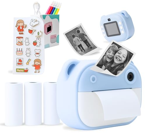 YUMMYDUCKY | Appareil photo instantané enfants sans encre - Double lentille, impression thermique, jeux, filtres, écran HD, 3 rouleaux de papier + 5 feutres - Enfants à partir de 2 ans - Bleu
