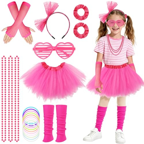 BSBUY 80-tals 90-tals outfit 80-tals maskeraddräkter tillbehör flickor med tyll/pannband ärmar/armband/hårband/halsband/fotsäckar/glasögon 90-tals outfit set barnkläder neon fest karneval