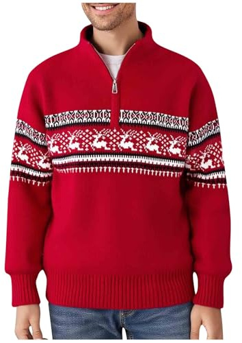 Jersey Navideño Hombre Tallas Grandes Cuello Redondo 1/4 Cremallera Suéter de Navideña de Jacquard de Ciervo Navideño Casual Sueltos Christmas Pullover Tops Otoño e Invierno Xmas Sweater Fiesta