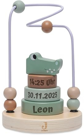 Gravur-Max Motorikschleife personalisiert mit Name, Datum & Uhrzeit – Jollein FSC Holz Aktivitätsspirale & Stapelturm Baby ab 12 Monate – Personalisiertes Geschenk zur Geburt & Taufe