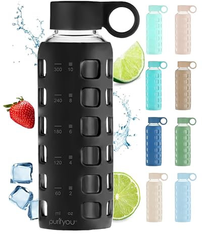 purifyou Premium Glass Water Bottle with Non-Slip Silicone Sleeve and Stainless Steel Lid Insert, 12/22 / 32 oz (Jet Black, 12 oz)