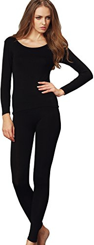Liang Rou Women's Crew Neck Top & Bottom Ultra Thin Thermal Underwear Set Black X-Large