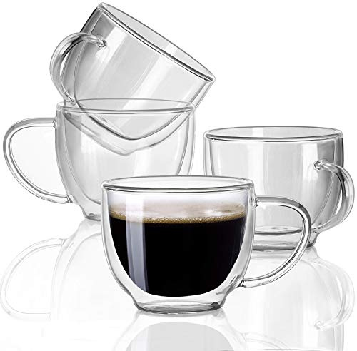BNUNWISH Double Wall Glass Expresso Coffee Mugs Set Of 4 (7 OZ / 200 ML) Insulted Clear Cappuccino Coffee Mugs Tea Cups