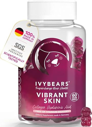 IVYBEARS VIBRANT SKIN Hochdosierte Kollagen Gummibärchen mit Hyaluronsäure, sorgt für strahlende & schöne Haut, fördert Regeneration der Haut, Anti Aging Komplex, 60 Gummibären, Made in Germany