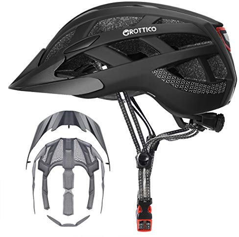 Adult-Men-Women Bike Helmet with Light - Mountain Road Bicycle Helmet with Replacement Pads & Detachable Visor (Matte Black, M(21.6-22.8 in/55-58cm))