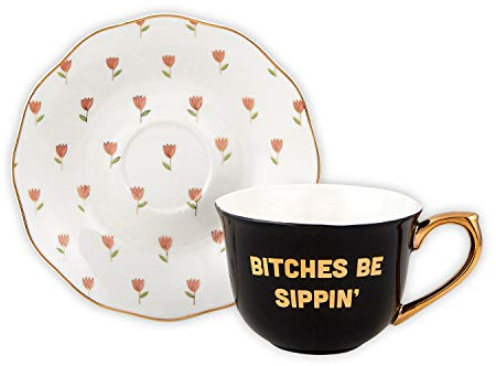 Slant Collections Ceramic Tea Cup and Saucer Set, 5-Ounce, Bitches Be Sippin