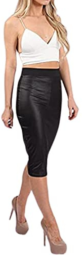 BODYWEAR LTD Women's High Waist PVC Bodycon Midi Skirt - Wet Look Faux Leather Pencil Skirt for Office, Night Out, Cocktail, Clubbing, Formal Dress & Evening Wear in Black (Black, M-L)