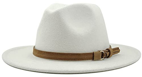 WINDEHAO Sombrero fedora unisex de ala ancha ajustable con hebilla de cinturón, sombrero vintage de fieltro Panamá para iglesia y jazz (blanco)