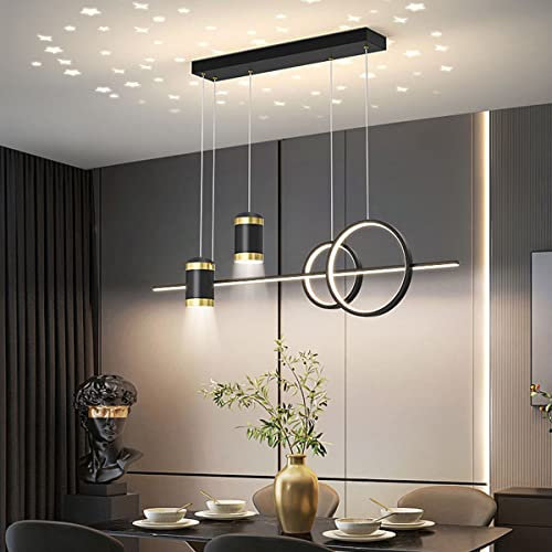 Bellastein LED Dining Table Chandelier Height Adjustable Ceiling Lamp Dimmable with Remote Control Living Room Lamp Modern Ring Design Hanging Light Coffee Table Bar Decor Pendant Light (Black)