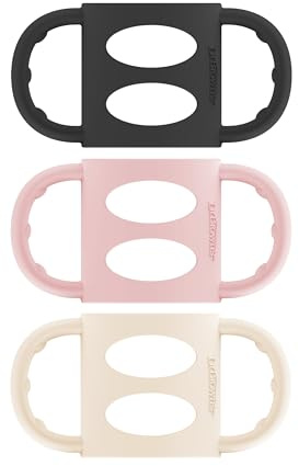 Dr. Brown's Narrow Baby Bottle Handles, 100% Silicone, Easy Grip Removable Handles for Bottle to Sippy Cup Transition, Black/Ecru/Pink, 3-Pack, 4m+