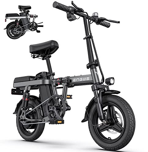 ENGWE T14 elcykel hopfällbar cykel, 14-tums stadscykel med LED-skärm, 48 V/10,2 Ah batteriräckvidd upp till 50 km, 25 km/h vikbar pedal med stötdämpare för tonåringar vuxna (Grå)