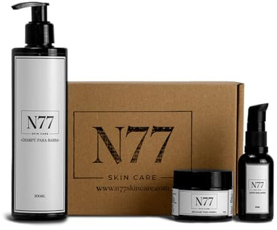 N77, el set esencial para tu barba. Champú, aceite y bálsamo, ofreciendo un cuidado completo. Fórmula natural para tu barba. Nutre, hidrata, evita comezón y canas