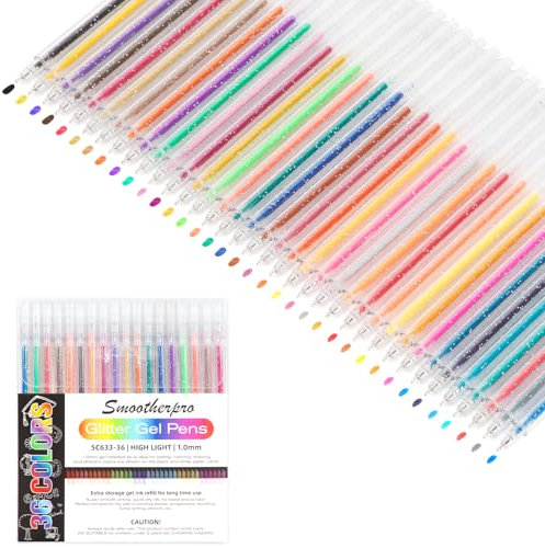 SMOOTHERPRO Metallic Gelstifte | Glitzer Gelstifte Set | 36 Stück Gelschreiber | für Gästebuch Malbücher Karten Basteln Schreiben Zeichnen und Skizzieren (SC633-36) | 1,0 mm Spitze | 36 Farben