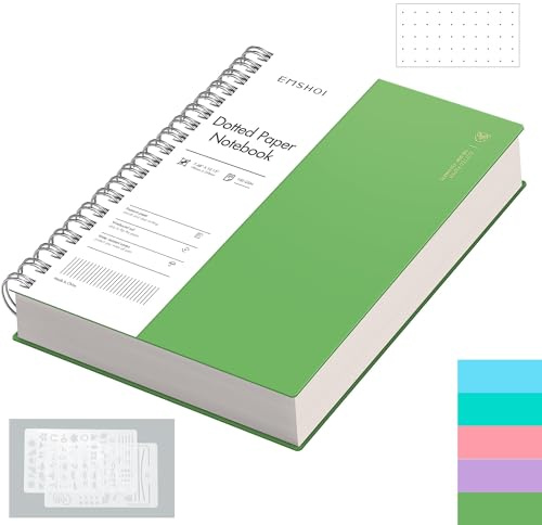 EMSHOI B5 Notebook, Spiral Dotted Journal, 300 Pages, PVC Cover, Green | 100GSM Paper, Flexible Plastic Cover, Notepad with Journaling Stencils, Pocket, Pen Loop, Bookmark Ruler, 19 x 25.8cm