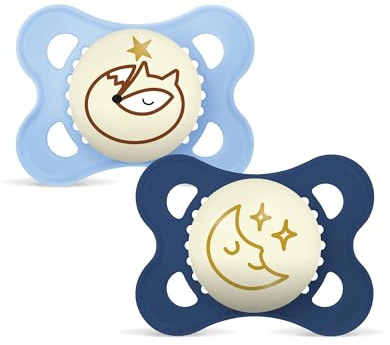 MAM Original Night Succhietto 2-6 Mesi (Set da 2), Ciuccio MAM 2-6 mesi che si illumina al buio con tettarella in silicone, Kit da 2 accessori neonato con porta ciuccio sterilizzatore, Azzurro