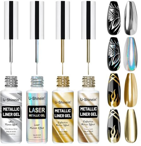 U-Shinein 4x12ml Metallic Painting Gel for Nail, Metal Liner Gel Set with Build in Thin Brush, Mirror Chrome Effect Nail Art Paint, UV Nail Liner Gel DIY Nail Art Manicure, Set D