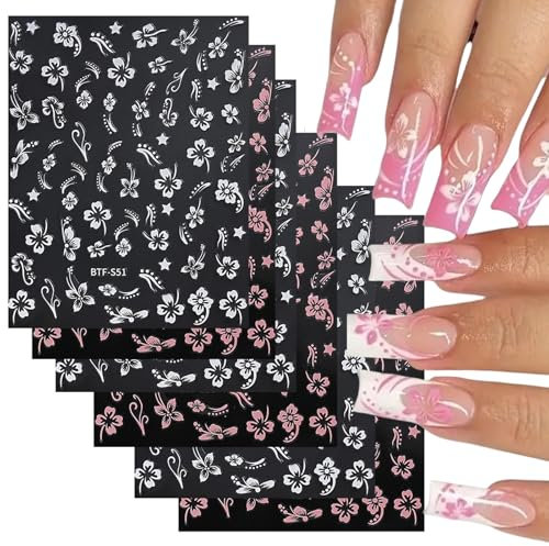 Kabwea 6 Pezzi Adesivi per Unghie Fiori Ibisco (3 Bianco + 3 Rosa)