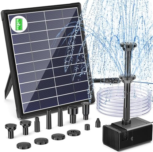 Biling 6W Solar Water Pump with 3000mAh Battery Backup 10 Nozzles Solar Pond Fountains Water Features for The Garden with 5ft Tubing for Bird Bath, Fish Ponds, Pool, Waterfall