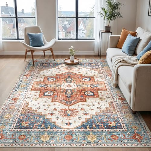 BEIMO Alfombra Salon Pelo Corto Vintage, Alfombra Dormitorio, Alfombras Antideslizantes Lavables, Grandes Alfombras Persas para Habitación, Rojo-Naranja, 200x290cm