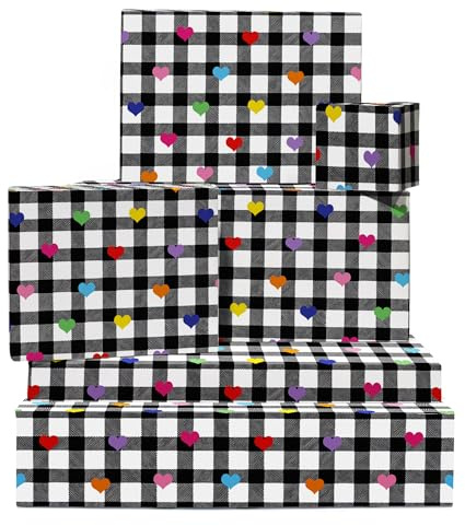 Papel de regalo blanco y negro - Estampado de cuadros - 6 hojas de papel de regalo de cumpleaños - Papel de regalo de corazón para mujer - Viene con pegatinas - Reciclable - Por Central 23