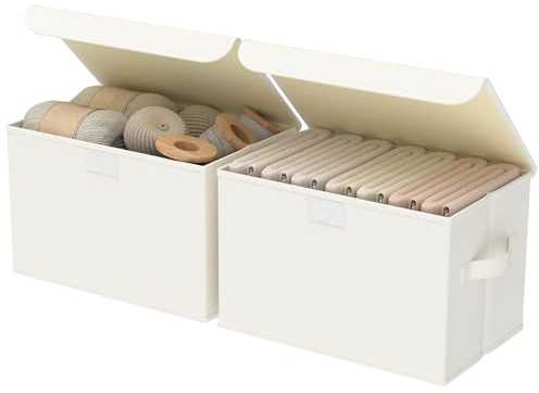 GUOHNHE Juego de 2 Cajas de Almacenamiento con Tapa, Cestas de Almacenaje para Estantes con 2 Asa, Plegables Contenedores de Tela, para Dormitorio, Sala de Estar, 26 x 20 x 17 cm, Beige, XSNY12BES-2