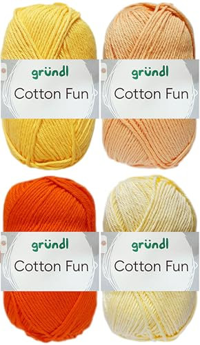 4x50 Gramm Gründl Cotton Fun Häkelgarn aus 100% Baumwolle inkl. Anleitung für Einkaufsnetz Bunt Mix Set (Set 8 (Gelb Mix))