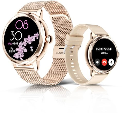 LES FLEURS Smartwatch Damen mit Bluetooth Anrufen, 1,19 Display Smart Watch, IP67 Fitness-Tracker, 123 Sportarten, Schlaf-/SpO2-Monitor, Zyklus-Tracker für Android & iOS, Roségold