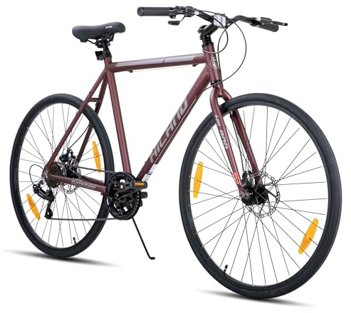 Hiland 700C - Bicicletta da corsa da uomo e donna, telaio in alluminio, 7 marce, con freni a doppio disco, altezza telaio 570 mm, per pendolari, colore: rosso