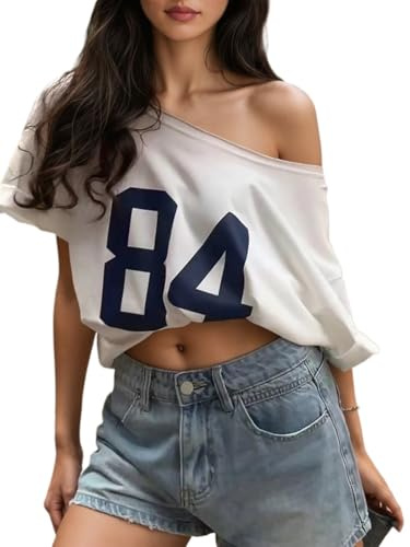 Camicie larghe in jersey da donna con spalle scoperte Y2k Streetwear numero grafica manica corta vestibilità ampia maglietta estiva, bianco, M