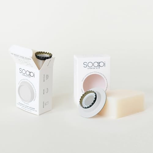 Juego de 2 jaboneras blancas con jabón, Soapi, chapas de corona, soporte magnético flotante para pegar en la pared, soporte magnético para jabón, jabonera, dispensador de jabón, soporte magnético sin