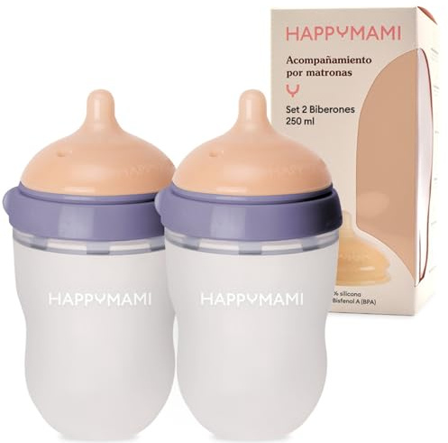 HappyMami - Set de 2 Biberons en Forme de Sein, Tétine en Silicone de Grade alimentaire, Double Système Anti-Colique, sans BPA, Lavable au Lave-vaisselle, Chauffe-biberon (Violet Soie, 250 ml)