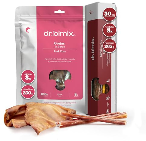 dr. bimix Confezione di snack naturali per cani, nervi di toro 265 g + orecchie di maiale 230 g, chuches disidratati ad alta proteina e collagene