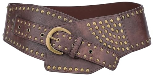 CALFOVERA Cinturón Ancho de Piel Sintética Estilo Bohemio Marrón Estilo Western Vintage Punk con Remaches de Aleación de Bronce Antiguo Y Hebilla Decorativa para Vestidos, Pantalones Vaqueros