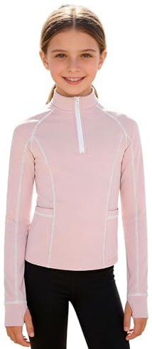 inhzoy T-Shirt Equitazione Aderente Bambine e Ragazze Maglietta Camicette da Torneo Equitazione Maglia Sportiva da Allenamento Corsa Yoga con Zip Sweatshirt Rosa 5-6 Anni