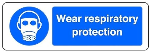 Wear Respiratory Protection - safety sign - High tack self-adhesive sticker (450mm x 150mm) Viewing Distance within 7m.
