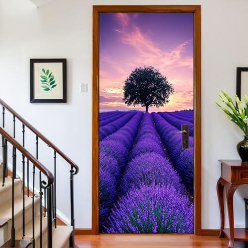 Adesivi per Porte Interne 3D Campi di lavanda Carta da Parati Porta Autoadesiva 77 x 200 cm Viola Pellicola Decorativa Poster Murale per Pareti e Porte Decorazione Casa