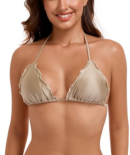 RELLECIGA Bikini Donna Top Triangolo Regolabile con Volant Reggiseno Ruffle Champagne S